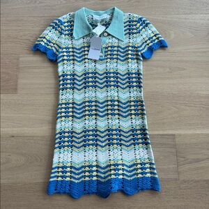 Crochet Polo Mini Dress in Blue, Mint & Yellow